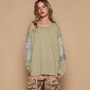 NWOT POL Olive Green Patchwork Long Sleeve Tee